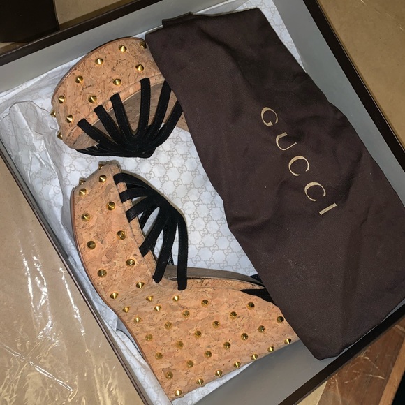 Gucci Black Gold Studded Cork Wedges Sandal-38 - Picture 7 of 11